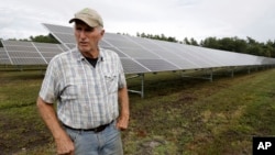In this Wednesday, Oct. 2, 2019, photo, cranberry grower Dick Ward, of Carver, Massachusetts, stands near a solar array in a cranberry bog on his farm. The revenue that solar power offers has been helpful to farmers as the price of cranberries has dropped.
