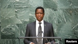 FILE - Zambian President Edgar Lungu speaks before attendees during the 70th session of the United Nations General Assembly at the U.N. Headquarters in New York, Sept. 29, 2015.