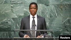 FILE - Zambian President Edgar Lungu, shown speaking at the United Nations in September 2015, "has been enjoying very good health," the deputy campaign manager for the ruling Patriotic Front says.