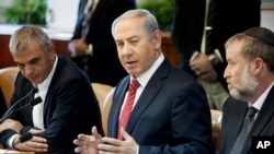 Israeli Prime Minister Benjamin Netanyahu speaks during the weekly cabinet meeting in Jerusalem, Dec. 27, 2015. The paraglider incident prompted Netanyahu to order the revocation of Islamic State volunteers' Israeli citizenship.