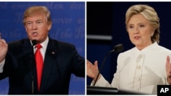 Capres AS Donald Trump (Partai Republik) dan Hillary Clinton (Partai Demokrat) dalam debat ketiga dan terakhir yang diselenggarakan di University of Nevada, Las Vegas, 19 Oktober 2016.