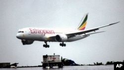 FILE - An Ethiopian Airlines Dreamliner Boeing 787 lands at Bole International airport in Addis Ababa, Ethiopia. 