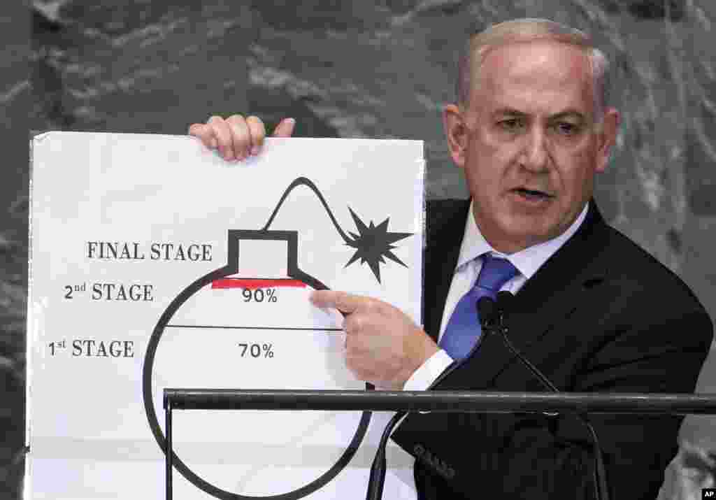 Israel's Prime Minister Benjamin Netanyahu points to a red line he drew on the graphic of a bomb used to represent Iran's nuclear program as he addresses the 67th United Nations General Assembly at the U.N. Headquarters in New York, Sept. 27, 2012.