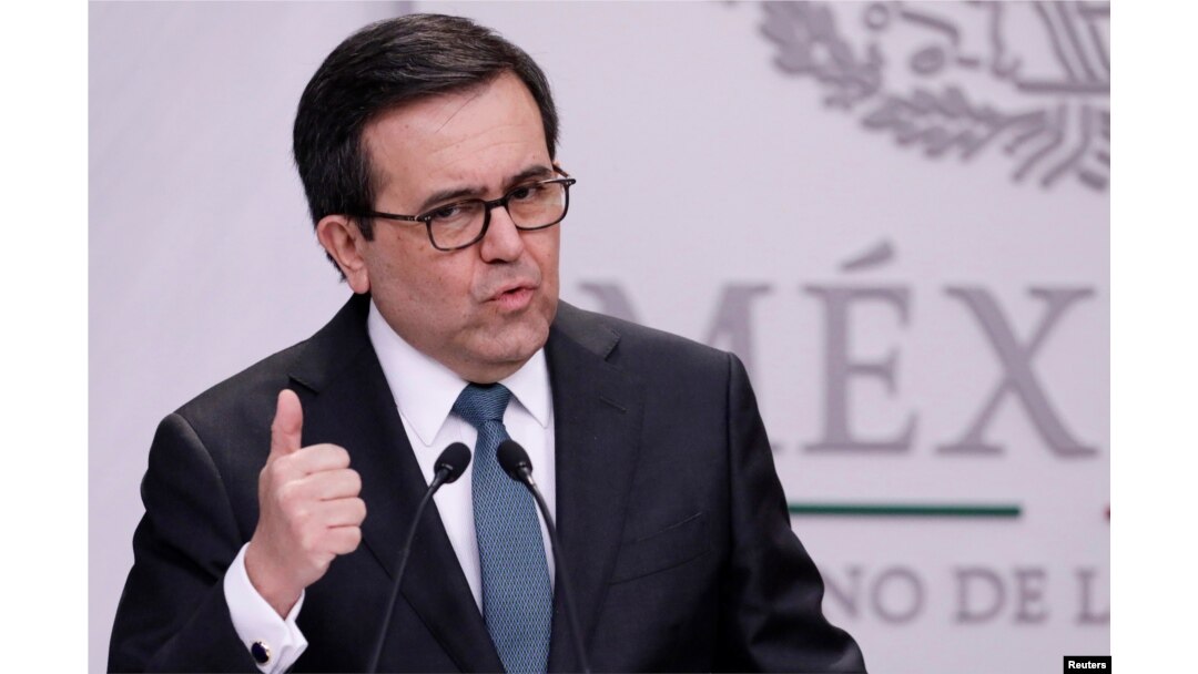 FILE - Mexico's Economy Minister Ildefonso Guajardo speaks to the media during a news conference at Los Pinos presidential residence in Mexico City, Mexico, May 1, 2018.