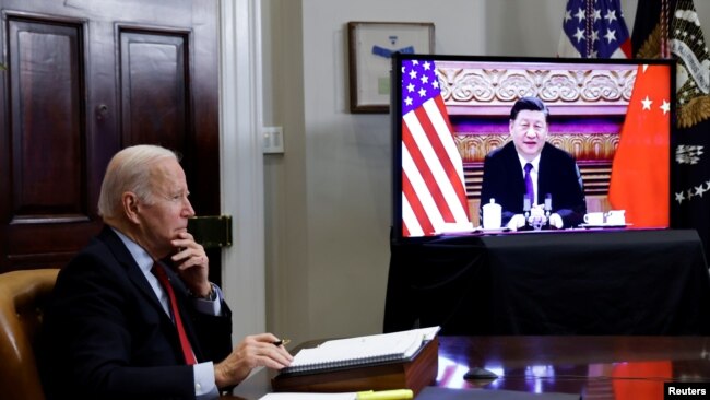 U.S. President Joe Biden speaks virtually with Chinese leader Xi Jinping from the White House in Washington, U.S. Nov. 15, 2021.