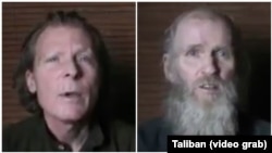 Australian Timothy Weeks, left, and American Kevin King are seen in a screengrab taken from video sent to VOA by the Taliban. 