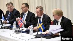 (L-R) Defense Ministers Claus Hjort Frederiksen of Denmark, Jussi Niinisto of Finland, Frank Bakke-Jensen of Norway and Peter Hultqvist of Sweden during the defense ministers Nordefco meeting in Helsinki, Finland, Nov. 6, 2017. 