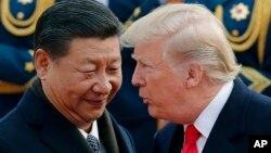 FILE - U.S. President Donald Trump, right, chats with Chinese President Xi Jinping in Beijing, China. 