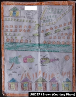 Drawing by a Rohingya boy, Kashem, that reveals the horrific experiences he endured while fleeing from Myanmar to Bangladesh.