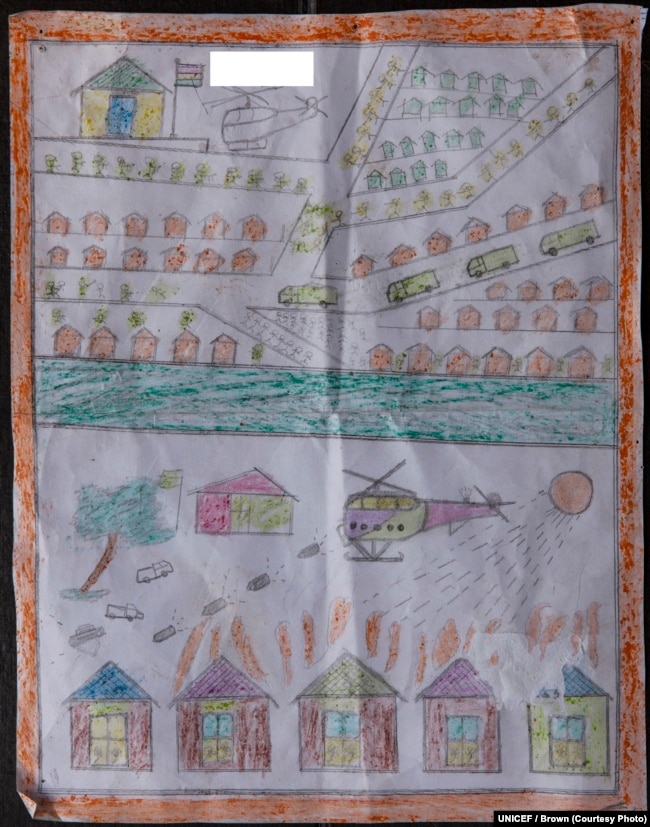 Drawing by a Rohingya boy, Kashem, revealing horrific experiences he endured while fleeing from Myanmar to Bangladesh.