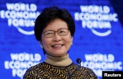 FILE - Carrie Lam, chief executive of Hong Kong, is pictured at the World Economic Forum in Davos, Switzerland, Jan. 26, 2018.