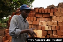 Erastus Njiru carries mud bricks in Kivoo, eastern Kenya, March 3, 2018.