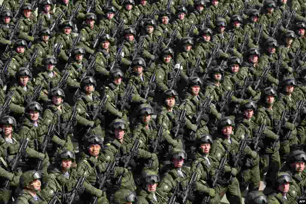 Russian soldiers march during a rehearsal of the Victory Day Parade in Alabino, outside Moscow. The parade will take place on Moscow's Red Square on May 9 to commemorate the 1945 defeat of Nazi Germany.