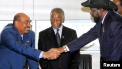 Sudan's President Omar Hassan al-Bashir (L) shakes hands with South Sudan's President Salva Kiir as African Union mediator and former South African leader Thabo Mbeki looks on during a meeting on the situation between Sudan and South Sudan, in the Ethiopi