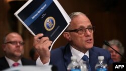 FILE - Fred Hochberg, Chairman and President of the Export-Import Bank of the United States, holds up a copy of the bank's Default Rate Report as he testifies before a congressional committee June 4, 2015 on Capitol Hill in Washington, D.C.