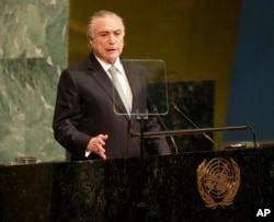Brazilian President Michel Temer addresses the United Nations General Assembly at U.N. headquarters, Sept. 19, 2017.