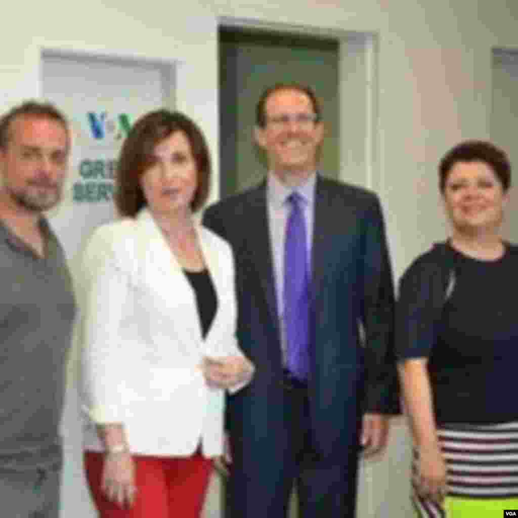 During the farewell party, (from left to right) VOA Greek staff Dimitirs Manis, Anna Morris, BBG Governor Matt Armstrong, and Zoe Leoudaki.