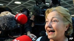 Former Nobel Peace Prize laureate Mairead Maguire speaks to the media as she arrives back at Ireland's Dublin Airport, in June 2010 (file photo)