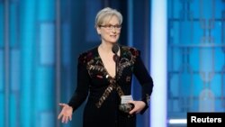 Actress Meryl Streep accepts the Cecil B. DeMille Award during the 74th Annual Golden Globe Awards show in Beverly Hills, California, Jan. 8, 2017. 