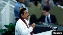 Sri Lanka's President Mahinda Rajapaksa addresses the 68th United Nations General Assembly at U.N. headquarters in New York, Sept. 24, 2013.