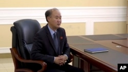 In this image made from video, Pang Kwang Hyok, vice director of the department of international organizations at the North Korean Ministry of Foreign Affairs, speaks during an interview with The Associated Press Television in Pyongyang, North Korea, Oct.