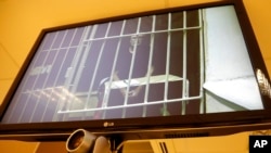 Greenpeace International activist and the Arctic Sunrise ship radio operator Colin Russell of Australia is shown behind bars on a TV screen during a court hearing in St. Petersburg, Russia, Nov. 28, 2013. 