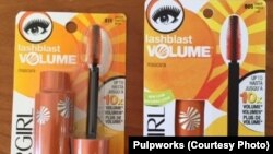 Mascara in plastic packaging (left), next to Pulpworks' compostable packaging