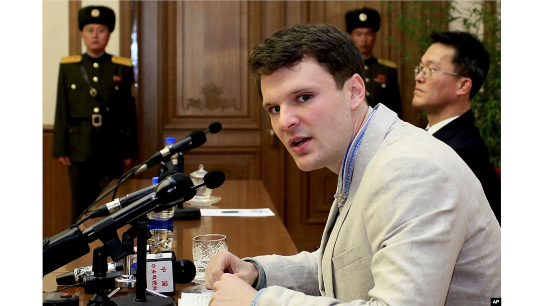 FILE - In this Feb. 29, 2016, Otto Warmbier speaks as he is presented to reporters in Pyongyang, North Korea.