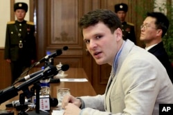 FILE - In this Feb. 29, 2016, Otto Warmbier speaks as he is presented to reporters in Pyongyang, North Korea.