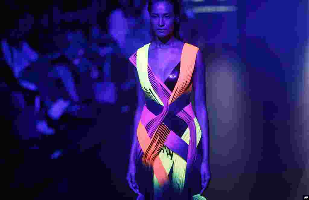 A model displays a creation by Indian designer Amit Aggarwal during the Lakme Fashion Week in Mumbai, India.