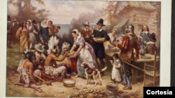Cuadro que ilustra la primera comida Acción de Gracias, pintado por J.L.G. Ferris en 1863. Cortesía de la Biblioteca del Congreso. 