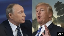 This file combination of pictures shows Russian President Vladimir Putin, left, and U.S. President Donald Trump.