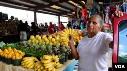 FILE - Maria Trinidad, from Guerrero, Mexico, runs a fruit and vegetable stand at Sunny Flea Market in Houston. (R. Taylor/VOA News)