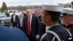 FILE - President Donald Trump arrives at the Pentagon, in Arlington, Virginia, Jan. 27, 2017. Trump’s frequent questions about the value of diplomatic and military assets led his top advisers to lay out the case for a robust U.S. presence around the world.