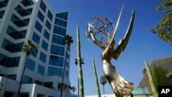 An Emmy statue is pictured during Press Preview Day for the 73rd Primetime Emmy Awards, Sept. 14, 2021, at the Television Academy in Los Angeles.