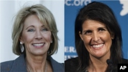 From left, Betsy DeVos, President-elect Donald Trump's choice for education secretary, and Nikki Haley, Trump's choice for U.S. ambassador to the United Nations.