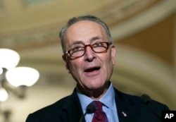 FILE - Sen. Charles Schumer, D-N.Y., speaks to the media on Capitol Hill in Washington.