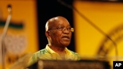 FILE - South African President Jacob Zuma addresses delegates at the delayed start of the African National Congress elective conference in Johannesburg, Dec. 16, 2017. 