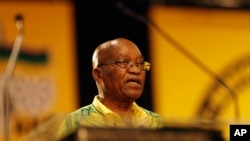 South African President and President of the African National Congress, Jacob Zuma, addresses delegates at the delayed start of the ANC electoral conference in Johannesburg, Dec. 16 2017.