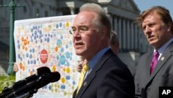 FILE - Rep. Tom Price, R-Ga., left, speaks during a news conference in Washington, March 26, 2012, to oppose the Affordable Care Act, often referred to as Obamacare.