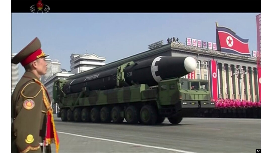 FILE - In this image made from video by North Korea's KRT, a military parade is held in Pyongyang, North Korea, Feb. 8, 2018. North Korea's intercontinental ballistic missiles highlighted the event.