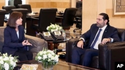 U.S. Ambassador to Lebanon Elizabeth Richard, left, speaks with Lebanese Prime Minister Saad Hariri, at the government House, in Beirut, Lebanon, Feb 19, 2019. (Photo by Lebanon's official government photographer Dalati Nohra) 