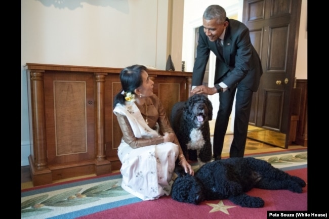 2016年9月4日，缅甸国务资政昂山素季访问白宫，在会见奥巴马总统后，看望奥巴马的两只爱犬，波和桑尼。