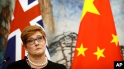 资料照：澳大利亚外长佩恩在北京国宾馆与中国外长王毅举行的一次记者会上听取记者提问。（2018年11月8日）