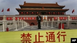A Chinese paramilitary policeman stands guard in front of Tiananmen gate in Beijing, China, November 7, 2012. 