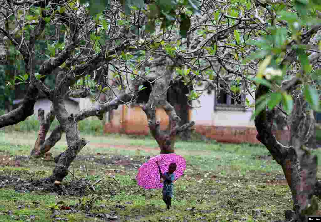 កុមារាភៀសខ្លួនក្នុងស្រុកមួយរូបដើរបាំងឆ័ត្រក្រោមតំណក់ភ្លៀងនៅក្រុង Bambari សាធារណរដ្ឋអាហ្រ្វិកកណ្តាល នាថ្ងៃទី១៧ ខែតុលា ឆ្នាំ២០១៥។