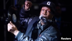 FILE - Hip-hop DJ Grandmaster Flash speaks at a ceremony where he is inducted into Guitar Center's RockWalk in Los Angeles, March 6, 2014.