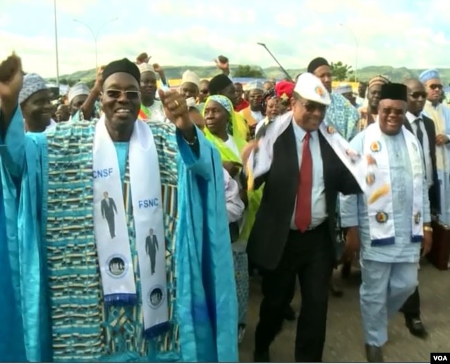 Cameroon's communication minister and leader of the National Salvation Front party, Issa Tchiroma (L), campaign in support of incumbent President Paul Biya in Garoua, Cameroon, Sept 22, 2018. (M.E. Kindzeka/VOA)