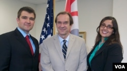 Left to right: George Cernat (Chief Marketing Officer of AudioNow), David Ensor (VOA Director), and Addie Nascimento (Chief of Digital Syndication, BBG's Office of Strategy and Development) signed today's agreement. 