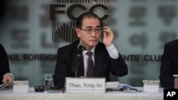 File - Former North Korean deputy ambassador to the U.K., Thae Yong Ho speaks with media at the Foreign Correspondents Club in Seoul, South Korea, Jan. 25, 2017. 
